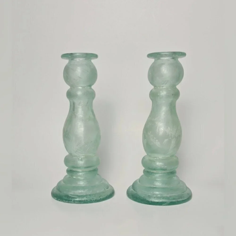 Spanish Recycled Green Glass Candlesticks Set 8” Vintage Style Pair